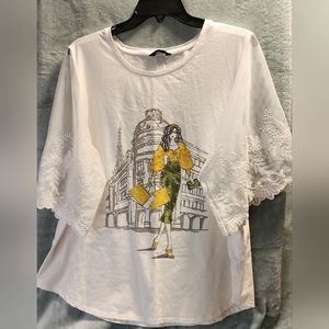 Used. White blouse with lace see-thru white sleeves. Plus Size 2X.
